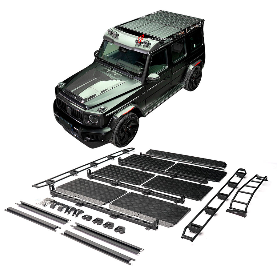 Buy Now ROOF RACK BAR LUGGAGE WITH LADDER 4x4 for MERCEDES BENZ G-CLASS W463A W464 W465 G63 G550 and upgrade car parts from SIR Tuning at the Best Price. Headlights, Tail lights, Bodykits, Navigations, Carbon body kit and more - Fast & Free Shipping within Europe, US & Worldwide.