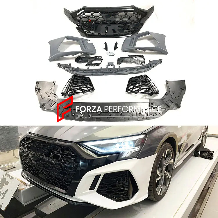 Buy Now FRONT BUMPER WITH GRILLE for AUDI A3 8Y 2020 - 2024 | RS3 STYLE and upgrade car parts from SIR Tuning at the Best Price. Headlights, Tail lights, Bodykits, Navigations, body kit and more - Fast & Free Shipping within Europe, US & Worldwide.