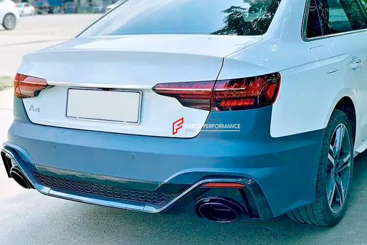 Buy Now REAR BUMPER with DIFFUSER for AUDI A4 B9.5 2021+ | RS4 STYLE and upgrade car parts from SIR Tuning at the Best Price. Headlights, Tail lights, Bodykits, Navigations, body kit and more - Fast & Free Shipping within Europe, US & Worldwide.