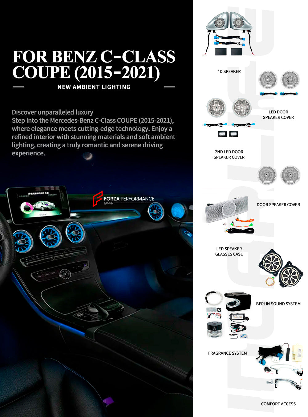 SPEAKER COVERS AIR VENTS FRAGRANCE SYSTEM WITH AMBIENT LIGHTS for MERCEDES-BENZ C CLASS C205 2015 - 2023