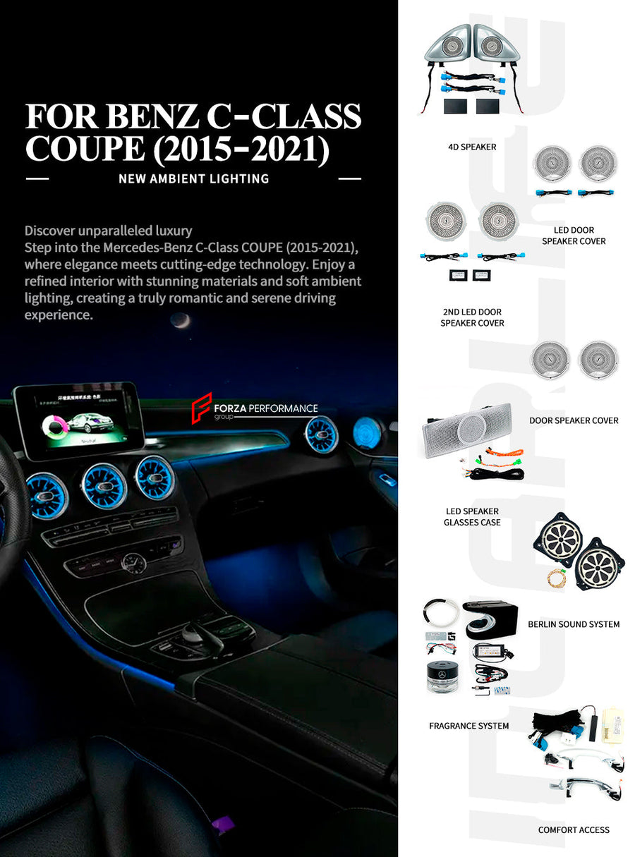 Buy Now SPEAKER COVERS AIR VENTS FRAGRANCE SYSTEM WITH AMBIENT LIGHTS for MERCEDES-BENZ C CLASS C205 2015 - 2023 and upgrade car parts from SIR Tuning at the Best Price. Headlights, Tail lights, Bodykits, Navigations, body kit and more - Fast & Free Shipping within Europe, US & Worldwide.