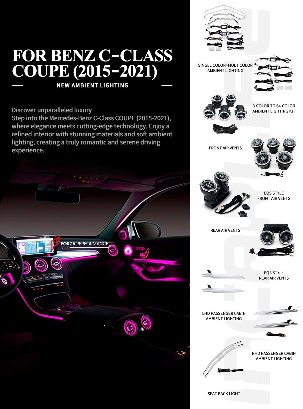 SPEAKER COVERS AIR VENTS FRAGRANCE SYSTEM WITH AMBIENT LIGHTS for MERCEDES-BENZ C CLASS C205 2015 - 2023
