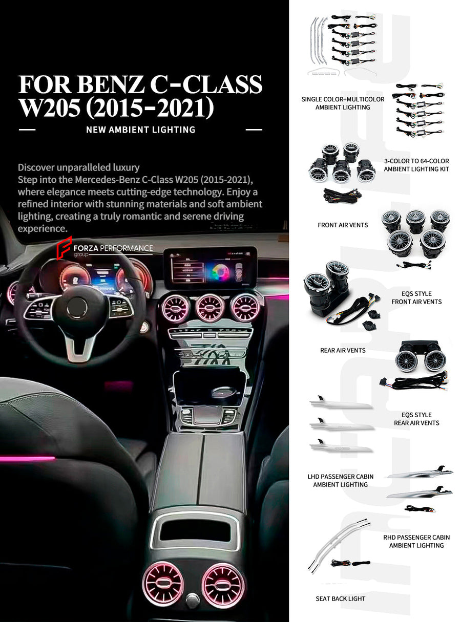 Buy Now SPEAKER COVERS AIR VENTS FRAGRANCE SYSTEM WITH AMBIENT LIGHTS for MERCEDES-BENZ C CLASS W205 2015 - 2023 and upgrade car parts from SIR Tuning at the Best Price. Headlights, Tail lights, Bodykits, Navigations, body kit and more - Fast & Free Shipping within Europe, US & Worldwide.