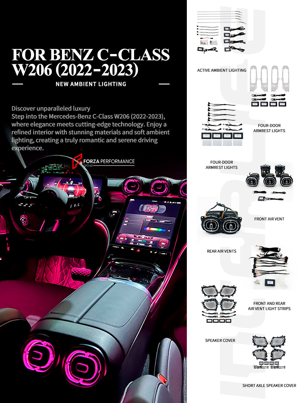 SPEAKER COVERS AIR VENTS FRAGRANCE SYSTEM WITH AMBIENT LIGHTS for MERCEDES-BENZ C CLASS W206 2021+