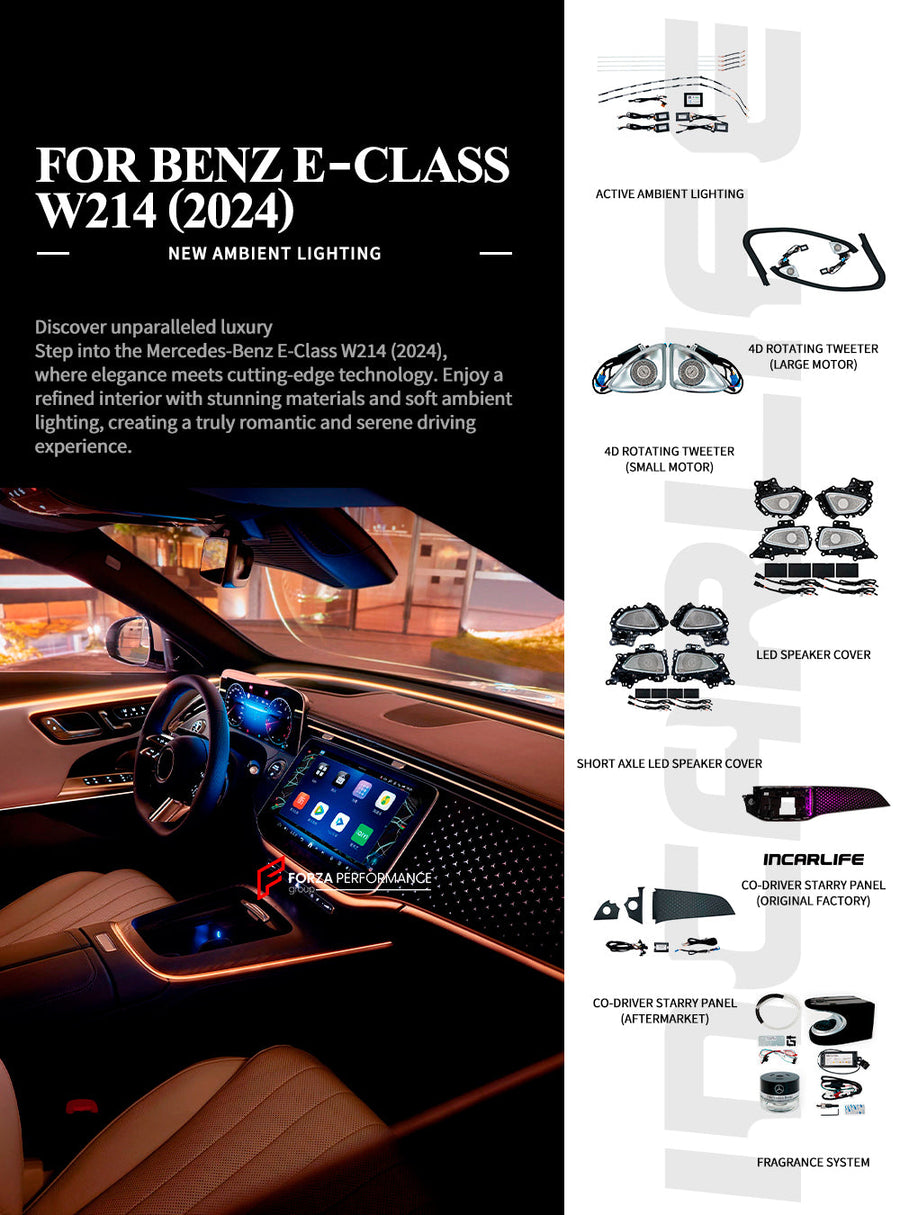Buy Now SPEAKER COVERS FRAGRANCE SYSTEM WITH AMBIENT LIGHTS for MERCEDES-BENZ E CLASS W214 2023+ and upgrade car parts from SIR Tuning at the Best Price. Headlights, Tail lights, Bodykits, Navigations, body kit and more - Fast & Free Shipping within Europe, US & Worldwide.