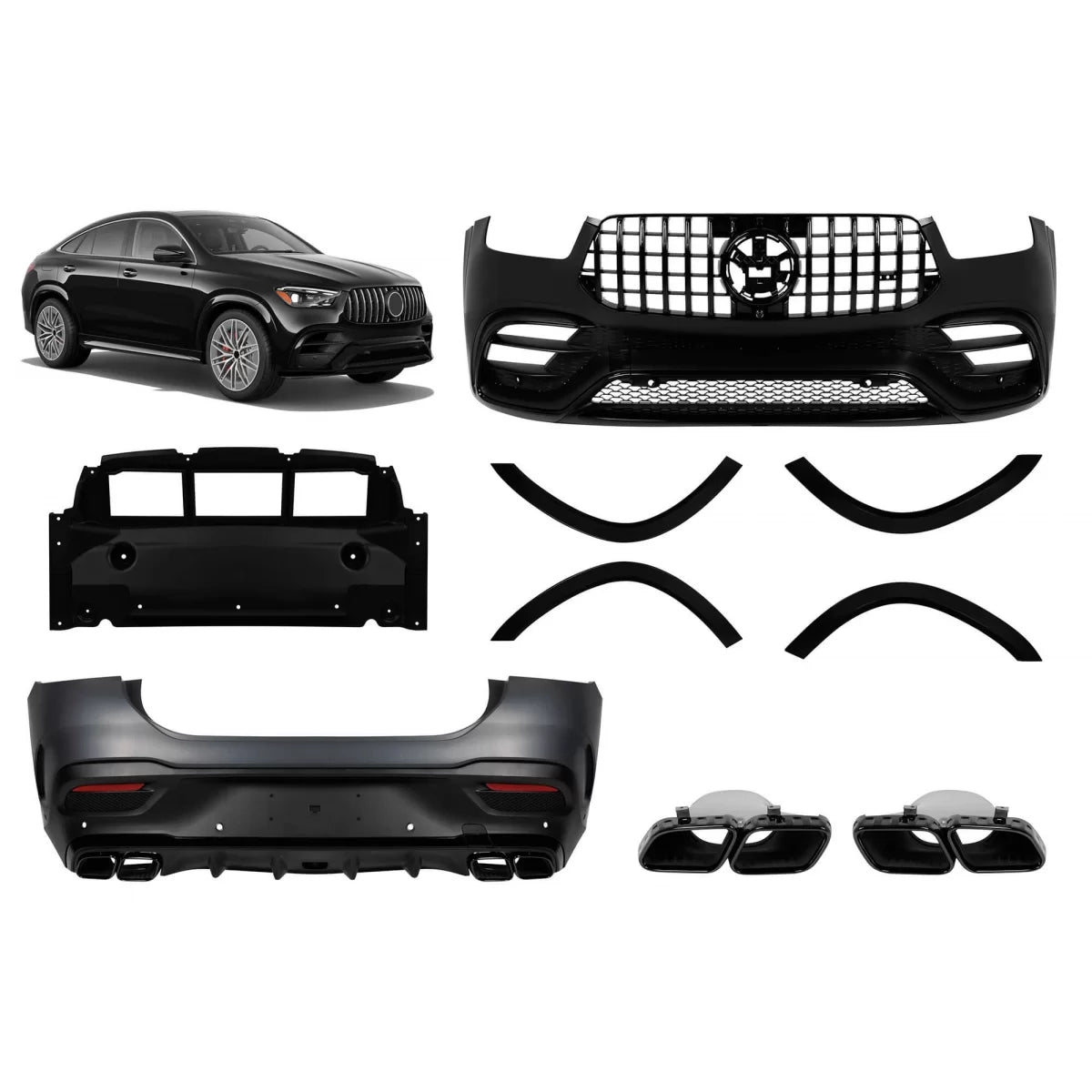 Tuning package suitable for Mercedes GLE Coupe C167 after 2019 with black trims, black grille, and black exhaust tips – produ